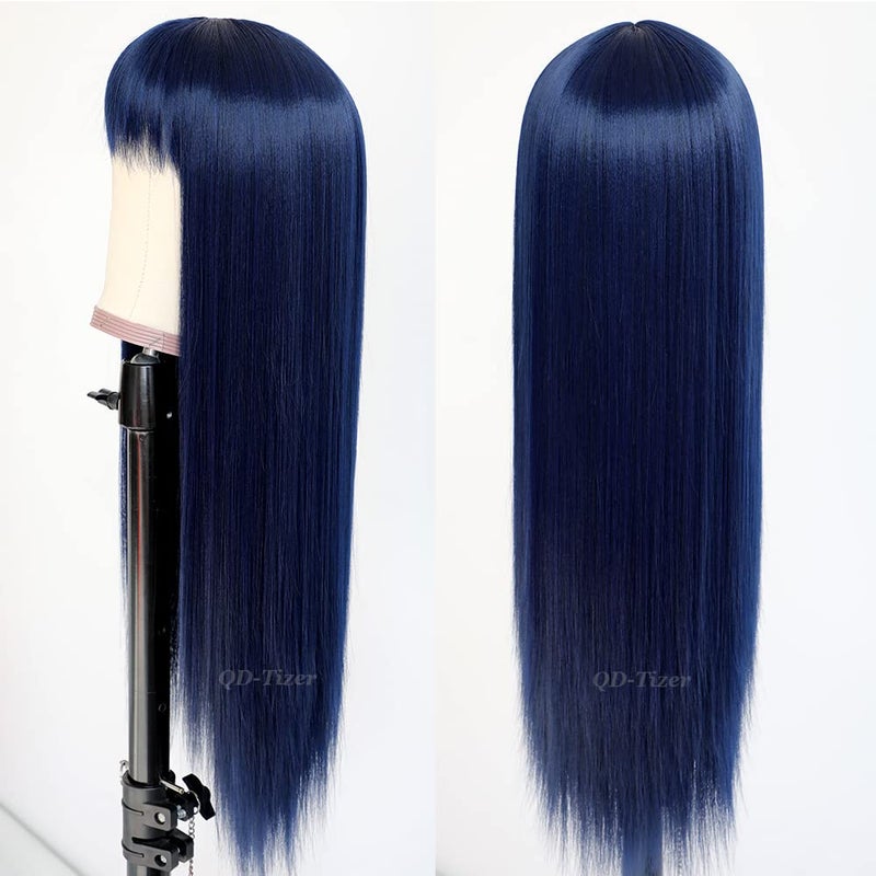 QD-Tizer Dark Blue Synthetic Hair Wigs with Full Bangs Blue Long Straight Women's Wig Heat Resistant Synthetic No Lace Wigs for Fashion Women 24 inch - Image 4