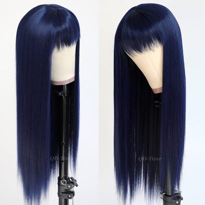 QD-Tizer Dark Blue Synthetic Hair Wigs with Full Bangs Blue Long Straight Women's Wig Heat Resistant Synthetic No Lace Wigs for Fashion Women 24 inch - Image 3