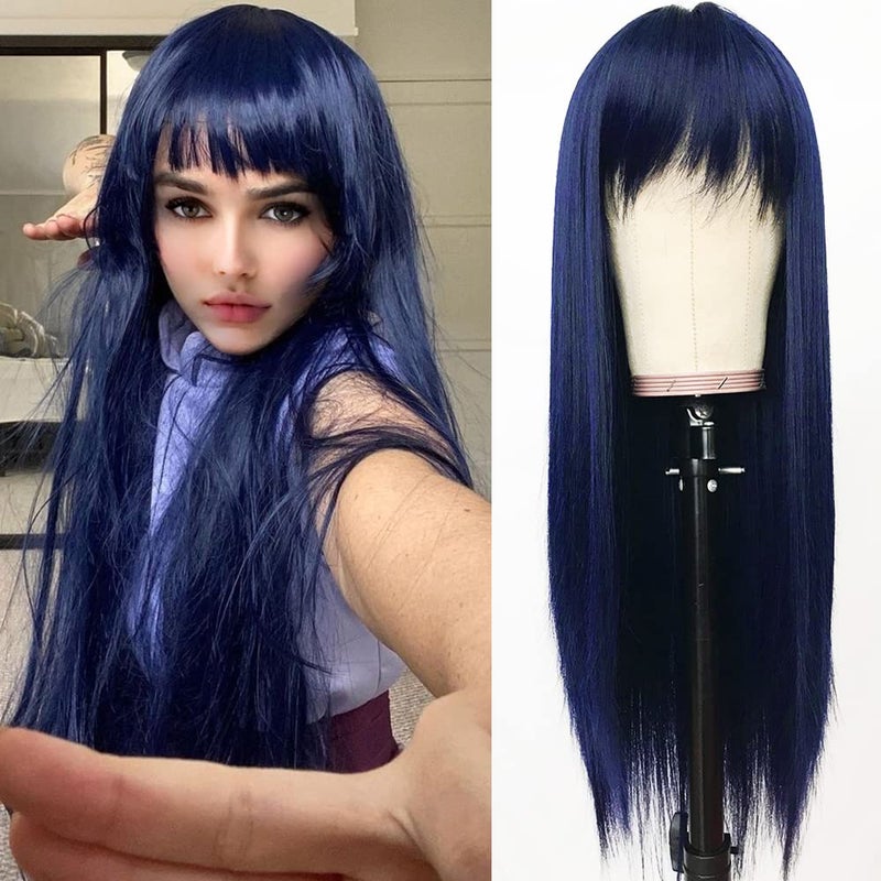 QD-Tizer Dark Blue Synthetic Hair Wigs with Full Bangs Blue Long Straight Women's Wig Heat Resistant Synthetic No Lace Wigs for Fashion Women 24 inch - Image 2