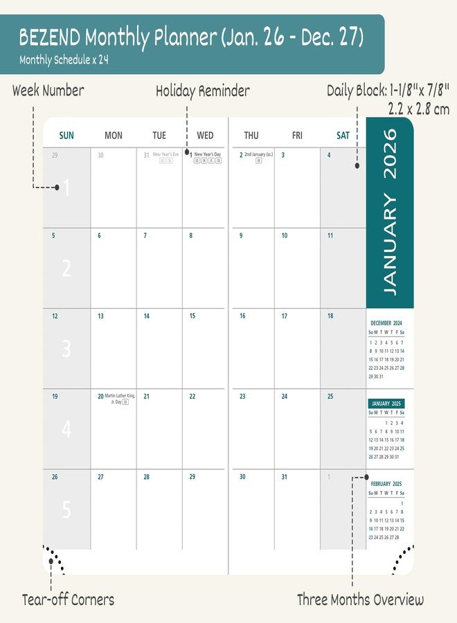 BEZEND Monthly Planner 2026-2027, 2 Year Pocket Calendar for Purse 3.5" x 6.5", Runs Jan 2026 to Dec 2027, 100 GSM Paper, Storage Pocket, Pen Loop & Notes, PU Leather Hardcover - Blueberry - Image 3