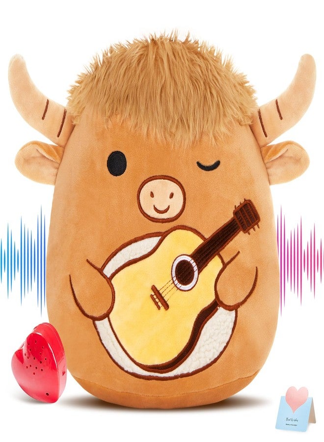 Glow Guards 12'' Heartbeat Scottish Highland Cow Plush Pillow Cute Recordable Stuffed Animal Recorder Cow Plush Toy Birthday Gift for Boys Girls,Brown Highland Cow - Image 1