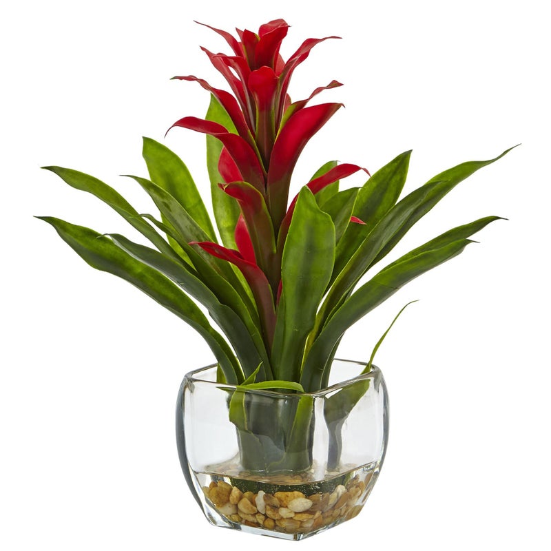 Nearly Natural Nearly Natural 6897RD Bromeliad with Glass Vase Arrangement 11 in x 11 in x 12 in Red