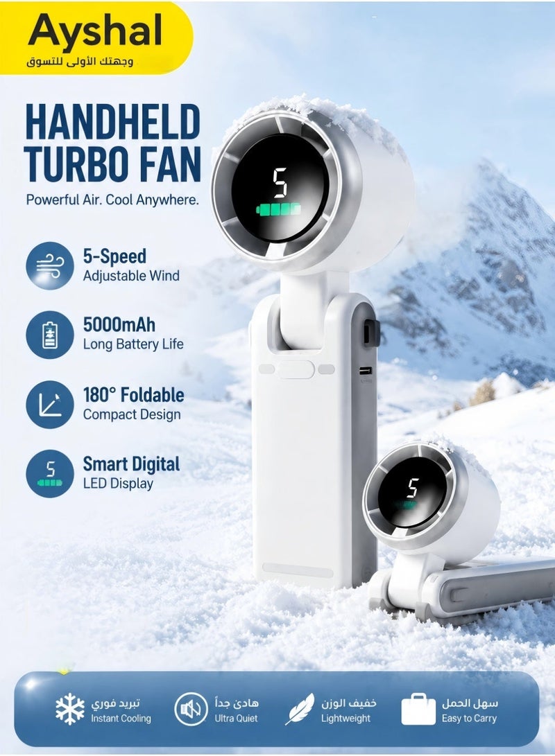 Ayshal 5 Speed Foldable Handheld Turbo Fan, 180° Adjustable Mini Portable Cooling Fan with Digital Display & Power Bank Function, White Personal Pocket Fan for Saudi Summer, Outdoor, Home & Travel - Image 1