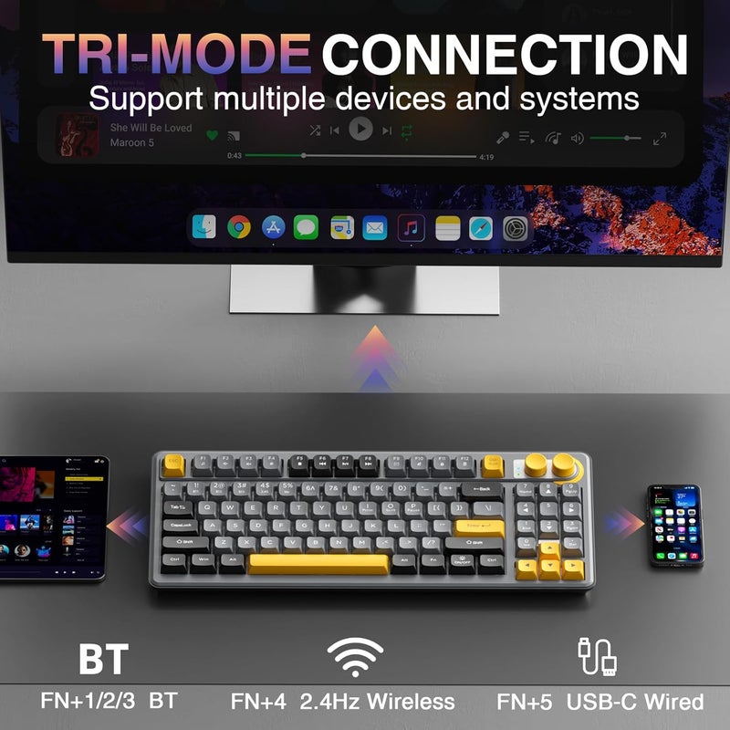 CORBOBO لوحة مفاتيح ألعاب لاسلكية SOLAKAKA SK90 75% - 4000 مللي أمبير ثلاثية الوضع (BT5.0/2.4G/USB-C) لوحة مفاتيح ألعاب كريمية لطيفة مع لوحة أرقام، مقبض وسائط، إضاءة خلفية RGB، مفاتيح هادئة لوحات مفاتيح مكتبية صامتة لأجهزة الكمبيوتر الشخصية وماك - Image 3