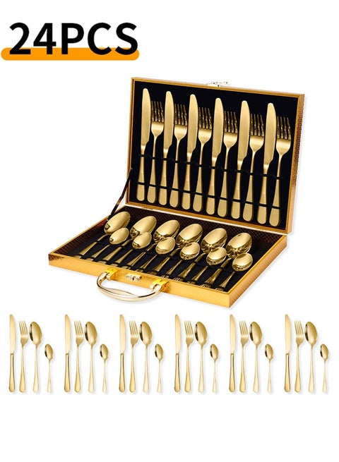24-Piece Gold Stainless Steel Cutlery Set - Food-Grade Steel with PVD Gold Plating, Mirror Polished & Dishwasher Safe - Luxury Dining Utensils for 6 People (Knives, Forks, Spoons) for Weddings, Holidays
