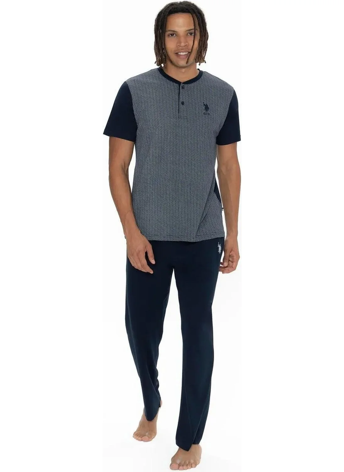 U.S. Polo Assn. 18908 Men's Short Sleeve Buttoned Collar 3-Piece Pajama Set-Navy Blue