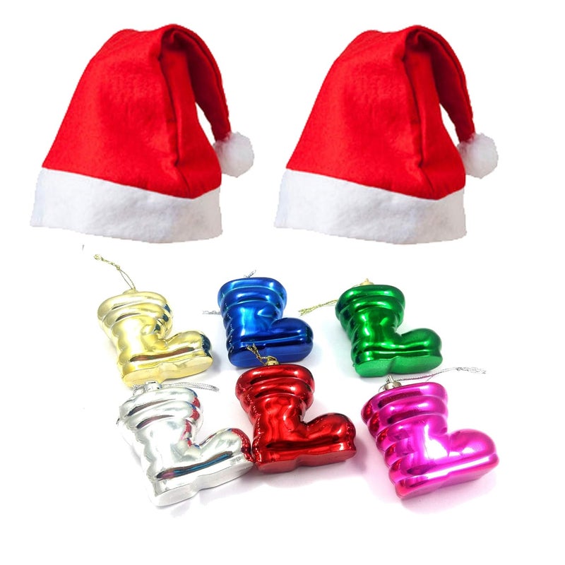 Evisha Evisha 2pcs Santa Claus Caps and 6pcs Shoes Christmas Tree Decoration HangingsOrnaments - Image 1