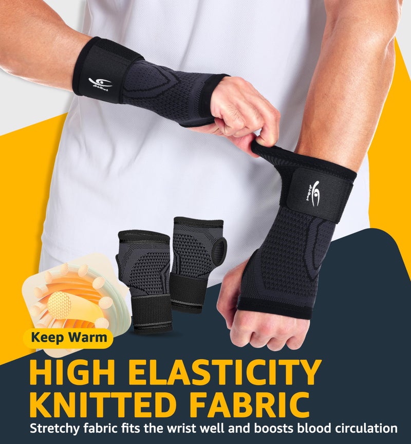 HiRui 2-Pack Wrist Brace Wrist Wraps, Hand Compression Sleeves with Wrist Straps Support for Fitness Weightlifting MTB Tendonitis Carpal Tunnel Arthritis Pain Relief (Black, Medium) - Image 4