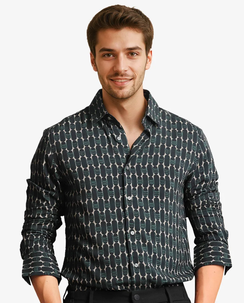 Rare Rabbit Rare Rabbit Mens Oliver Green Viscose Fabric Full Sleeves Slim Fit Geometric Print Shirt