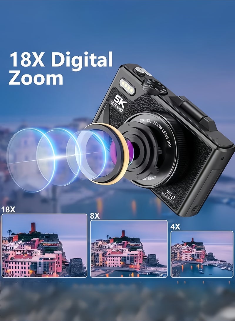 LAYRA Digital Camera, 5K Point and Shoot Digital Cameras with 128GB SD Card, 75MP Digital Camera for Photography and Video, Vlogging Camera with 3'' Flip Screen, 18X Digital Zoom Cameras Digital for Kids Boys Girls  - Image 3