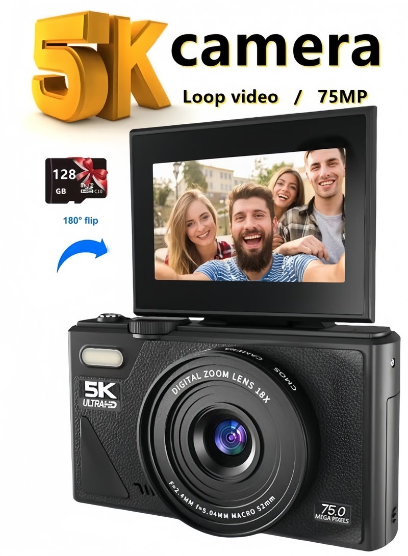 LAYRA Digital Camera, 5K Point and Shoot Digital Cameras with 128GB SD Card, 75MP Digital Camera for Photography and Video, Vlogging Camera with 3'' Flip Screen, 18X Digital Zoom Cameras Digital for Kids Boys Girls  - Image 1