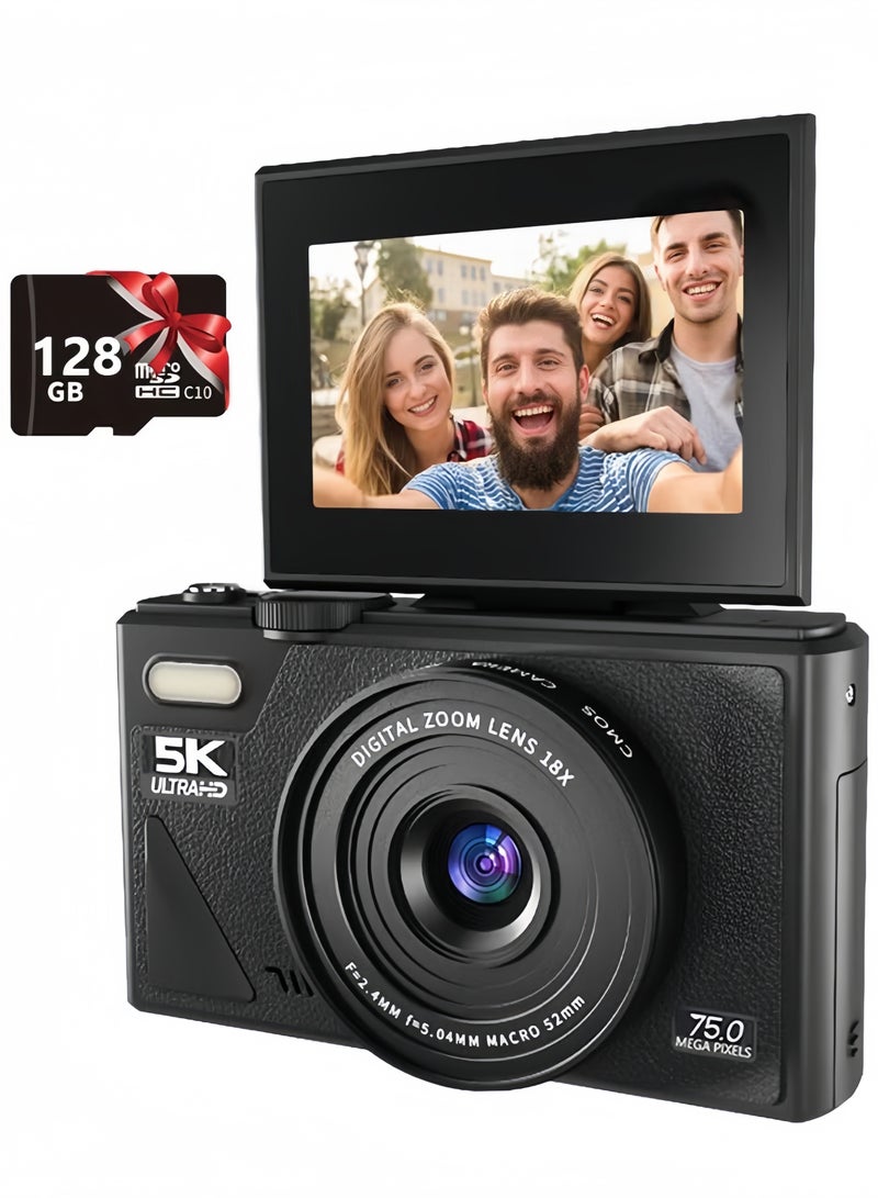 LAYRA Digital Camera, 5K Point and Shoot Digital Cameras with 128GB SD Card, 75MP Digital Camera for Photography and Video, Vlogging Camera with 3'' Flip Screen, 18X Digital Zoom Cameras Digital for Kids Boys Girls  - Image 1