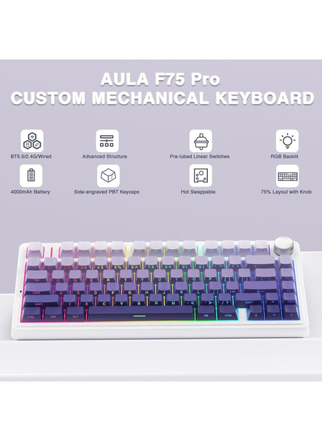 AULA F75 Pro Wireless Mechanical Keyboard,75% Gasket Hot Swappable Custom Keyboard, RGB Backlit, Pre-lubed Star Vector Switches, Side Printed PBT Keycaps,2.4GHz/USB-C/BT5.0 Mechanical Gaming Keyboard  - Image 3