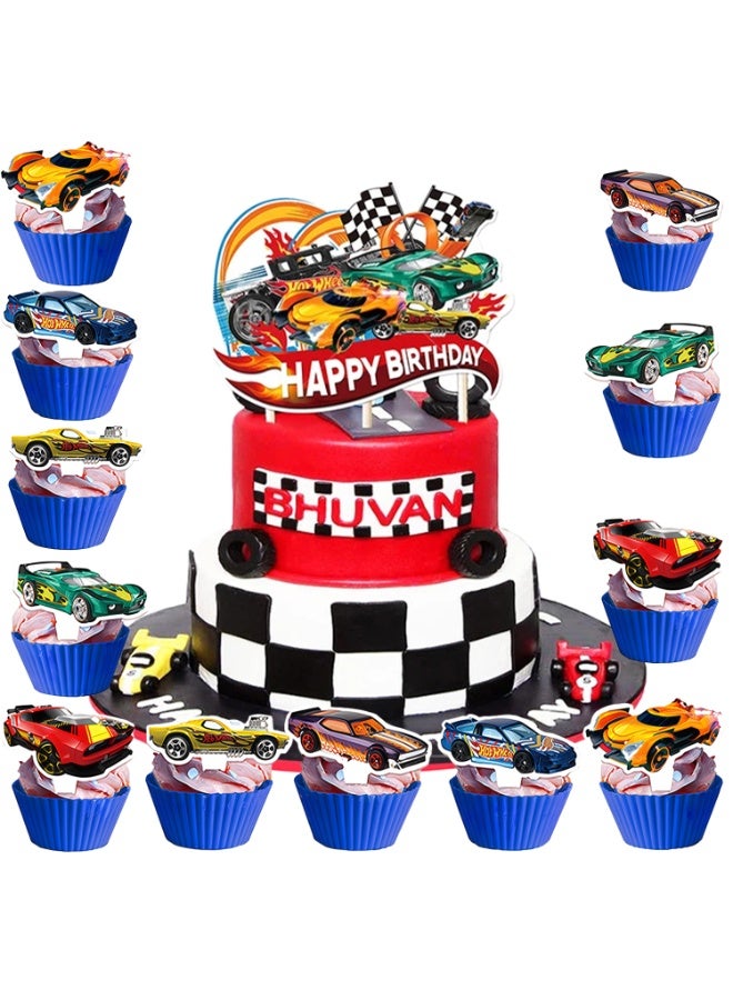 Hot Wheels Cake Decorations, 13pcs Racing Hero Cake Toppers Set - 1 Hot Wheels Birthday Cake Topper + 12 Mini Speedway Themed Toppers for Hot Wheels Birthday Decorations Supplies - Image 1