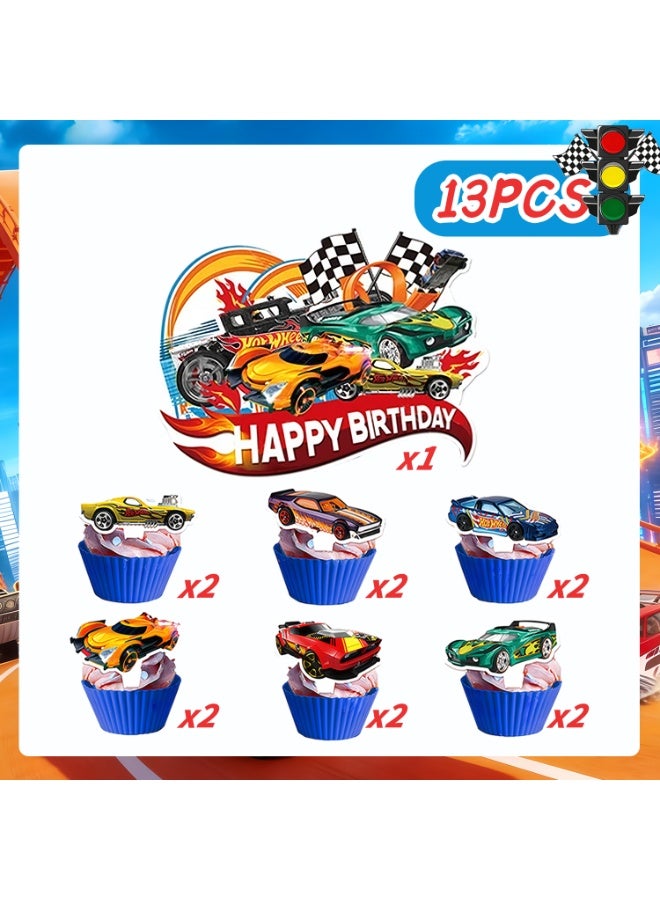 Hot Wheels Cake Decorations, 13pcs Racing Hero Cake Toppers Set - 1 Hot Wheels Birthday Cake Topper + 12 Mini Speedway Themed Toppers for Hot Wheels Birthday Decorations Supplies - Image 2