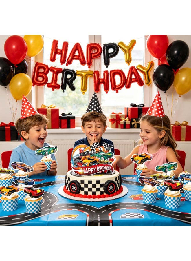 Hot Wheels Cake Decorations, 13pcs Racing Hero Cake Toppers Set - 1 Hot Wheels Birthday Cake Topper + 12 Mini Speedway Themed Toppers for Hot Wheels Birthday Decorations Supplies - Image 4