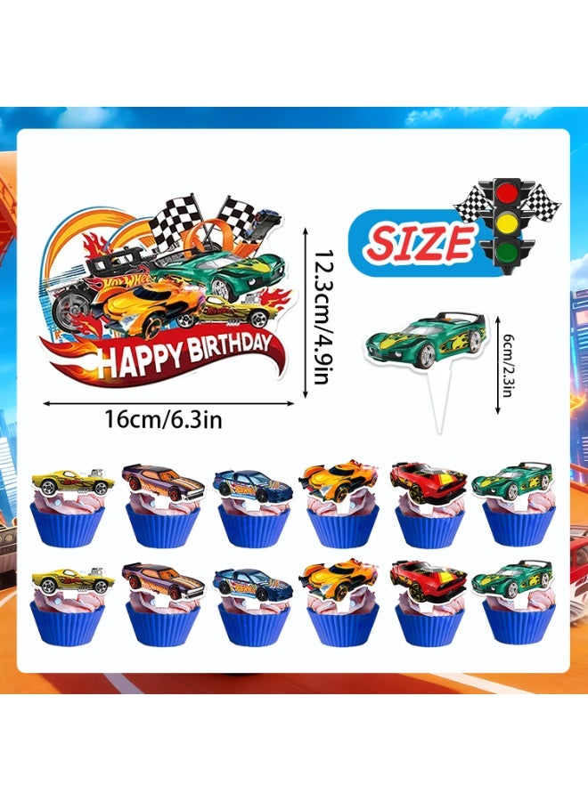 Hot Wheels Cake Decorations, 13pcs Racing Hero Cake Toppers Set - 1 Hot Wheels Birthday Cake Topper + 12 Mini Speedway Themed Toppers for Hot Wheels Birthday Decorations Supplies - Image 3