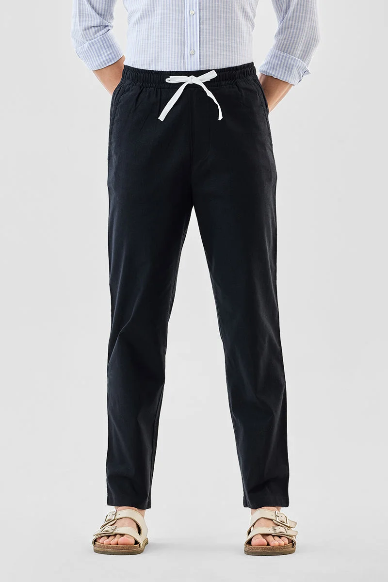 SNITCH Black Black Solid Slim Fit Casual Trousers for Men | Best Price UAE