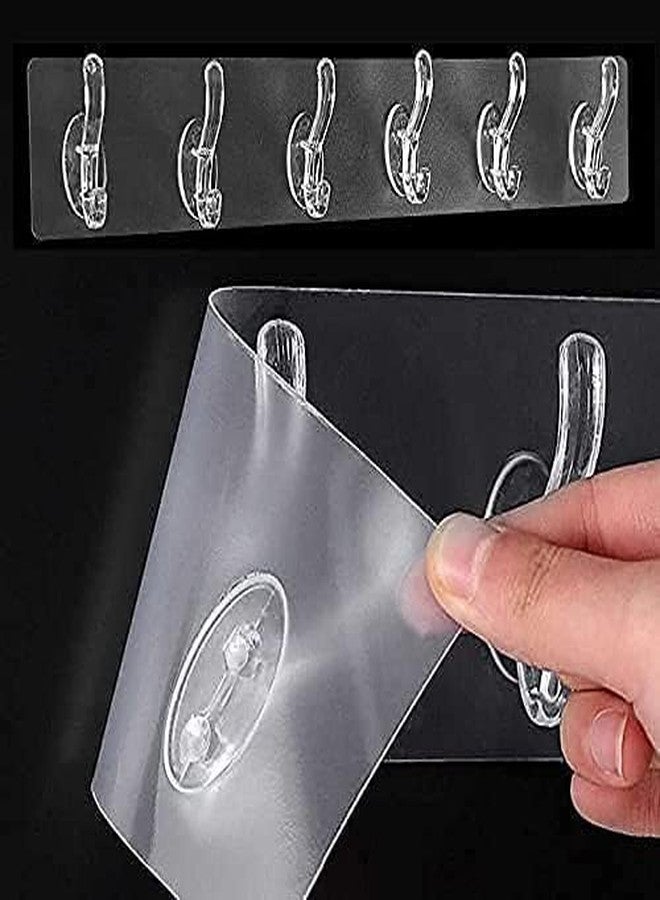 Taslibra 6 in 1 Adhesive Wall Hooks for Kitchen Heavy Duty Hanging Strong 6 Sticking Hooks Strip for Bathroom Self Corner Shelves Transparent (Pack of 2) - Image 1