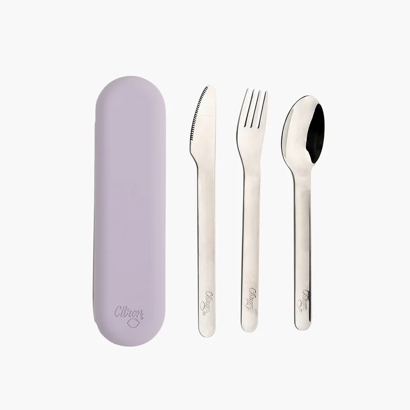 Citron Cutlery Set-With Silicone Case-3 Pcs Set With Case-Fork Knife & Spoon- (Ss) Purple \ 17X4.5X3.15