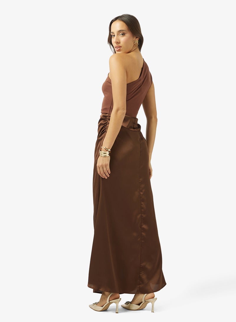 Ginger One Shoulder Draped Waist Satin Dress - Image 2