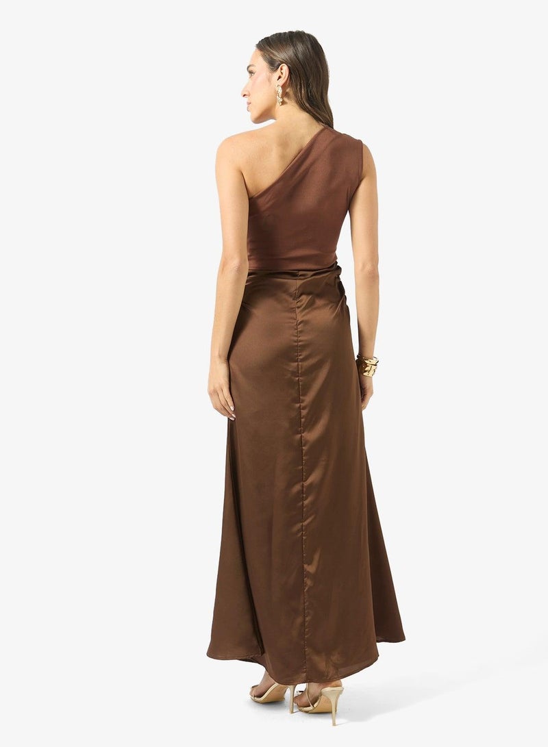 Ginger One Shoulder Draped Waist Satin Dress - Image 2