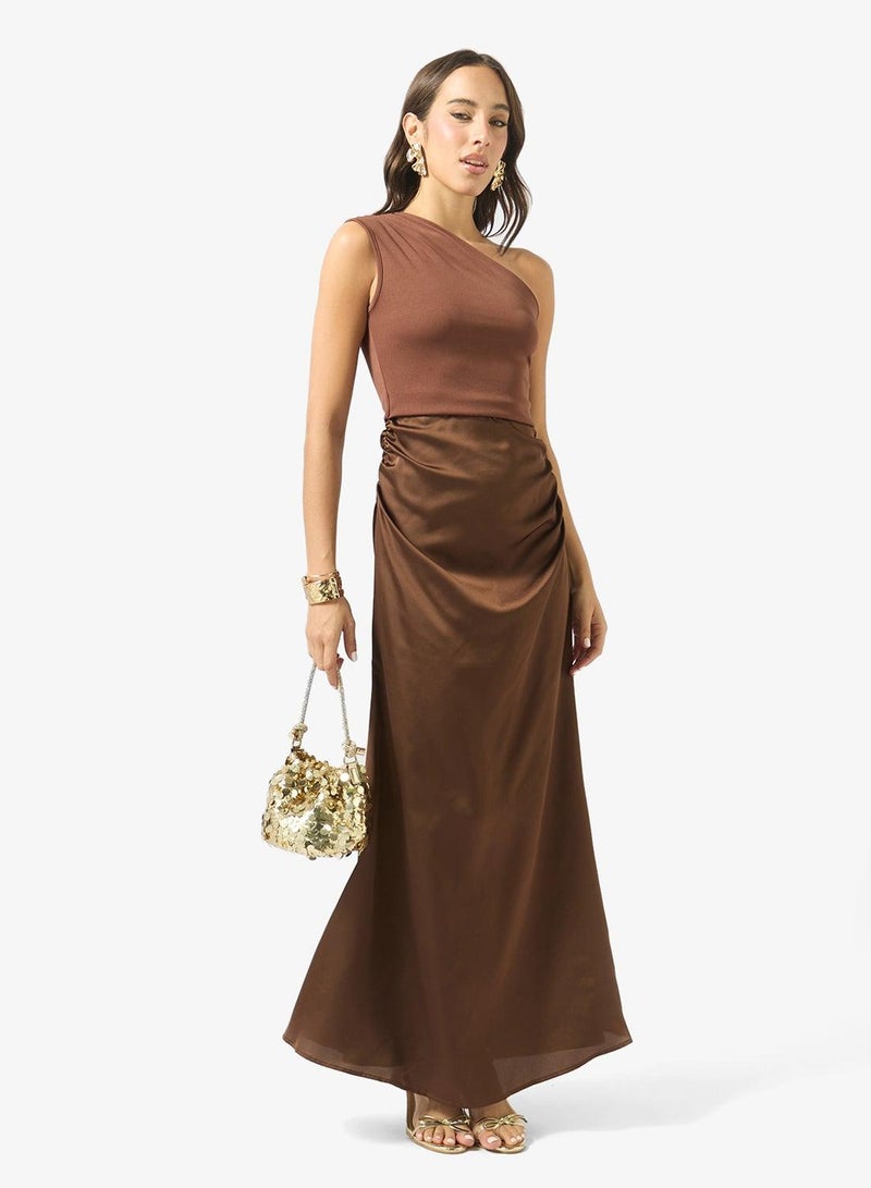 Ginger One Shoulder Draped Waist Satin Dress - Image 4