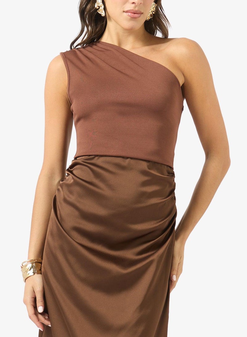 Ginger One Shoulder Draped Waist Satin Dress - Image 3