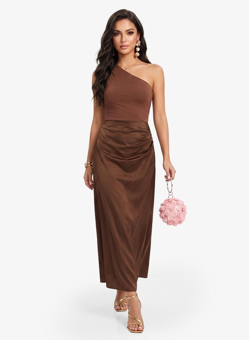 Ginger One Shoulder Draped Waist Satin Dress - Image 5