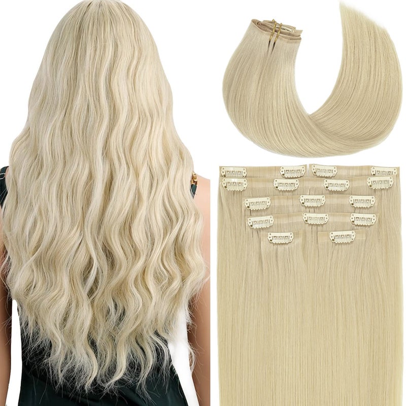 Lacer New Version Invisible Thick Hair Extensions Clip in Human Hair Full Head Silky Straight Glam Seamless Clip in Hair Extensions 100 Remy Hair 110g 7pcs Platinum Blond 60A 14 Inch