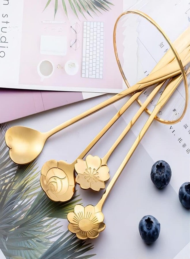 BRUSHFINCH [4 Pcs] Stainless Steel Tableware Creative Golden Flower Coffee Spoon, Sugar Stirring Mixing Stir Bar Tea Ice for Cake, Dessert Cream [Random Design] - Image 4