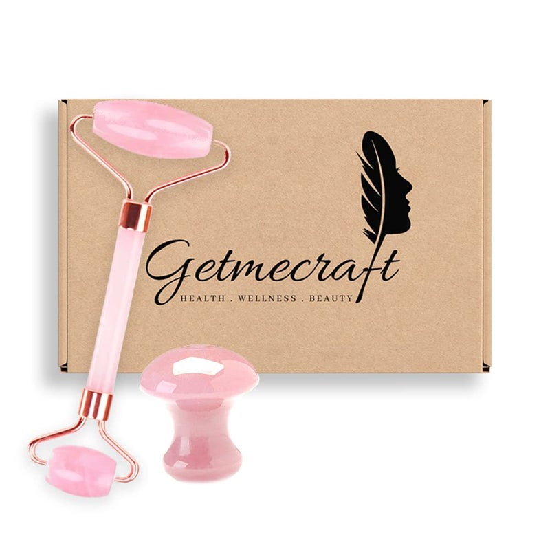 Getmecraft Rose Quartz Face Roller and Mushroom Gua Sha Facial Massage Tool Set Massager For Face, Neck, Dark Circles and Under Eye Treatment - Image 5