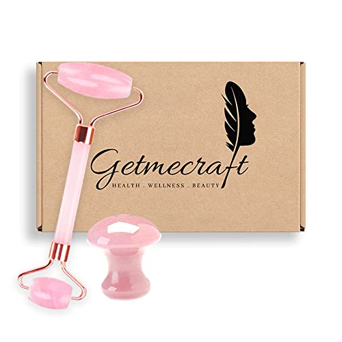 Getmecraft Rose Quartz Face Roller and Mushroom Gua Sha Facial Massage Tool Set Massager For Face, Neck, Dark Circles and Under Eye Treatment - Image 1