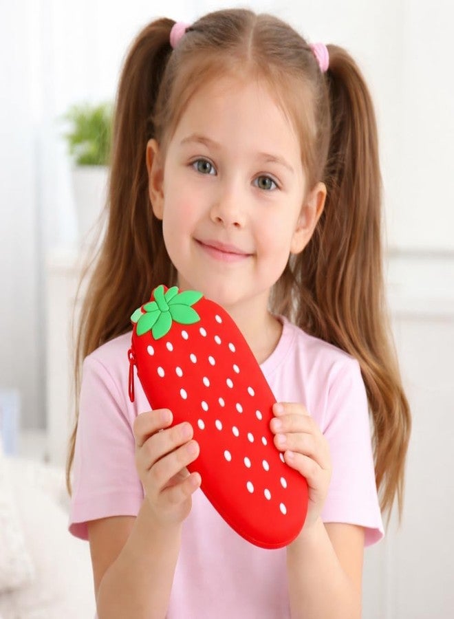 ODMART Silicone Pencil Pouch for Girls | Cute Cartoon Zipper Pencil Case for School | Soft Durable Stationery Organizer for Kids & Teens | Travel Cosmetic Pouch (Strawberry) - Image 2