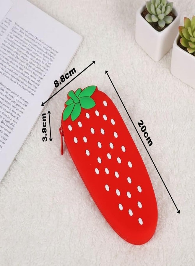 ODMART Silicone Pencil Pouch for Girls | Cute Cartoon Zipper Pencil Case for School | Soft Durable Stationery Organizer for Kids & Teens | Travel Cosmetic Pouch (Strawberry) - Image 3