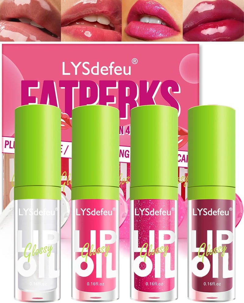 LYSdefeu 4 Colors Lip Oil Lip Glaze,Hydrating Tinted Plumping Lip Gloss,Fat Lip Oil Drip,Big Brush Head Clear Pink Shiny Glow Reviver Lip Care Oil,Long Lasting Non-sticky Transparent Lip Oil,Makeup Gift-SetA - Image 1