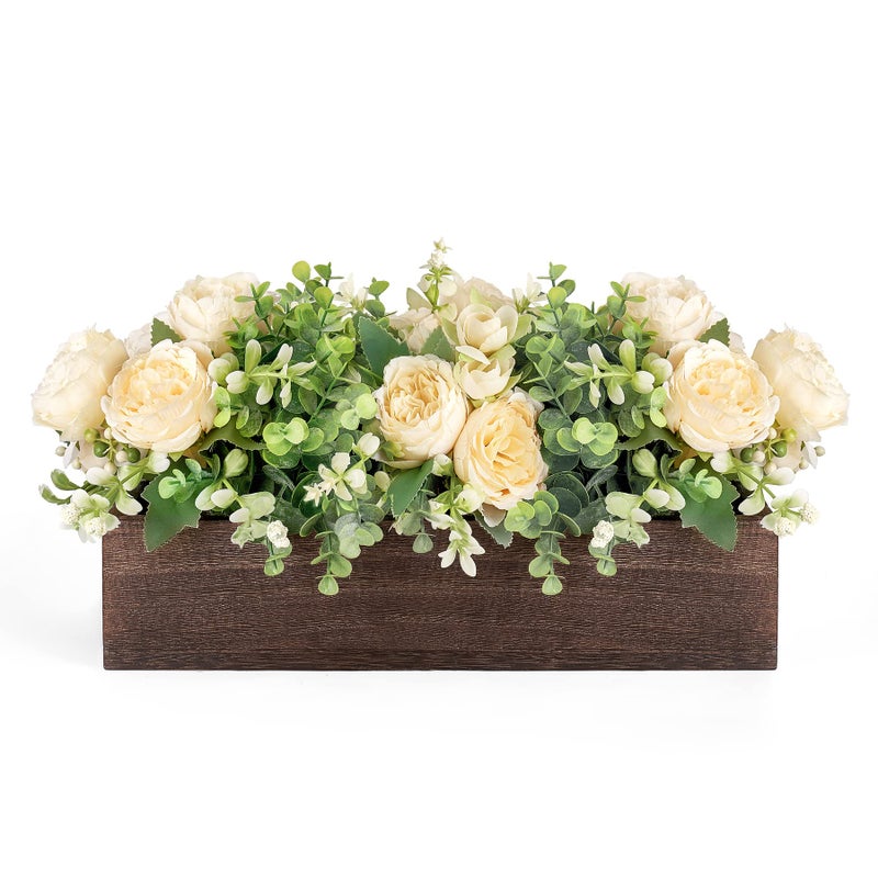 Dahey Centerpiece Table Decorations for Dining Room Farmhouse Table Centerpieces Decor Wood Tray with 3 Artificial Flowers and 2 Eucalyptus for Living Room Kitchen Table, 14.1" x 4.7" x 3.1" - Image 1