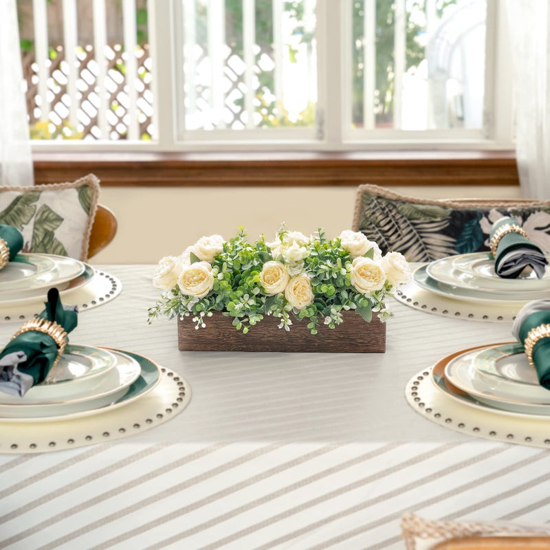 Dahey Centerpiece Table Decorations for Dining Room Farmhouse Table Centerpieces Decor Wood Tray with 3 Artificial Flowers and 2 Eucalyptus for Living Room Kitchen Table, 14.1" x 4.7" x 3.1" - Image 2