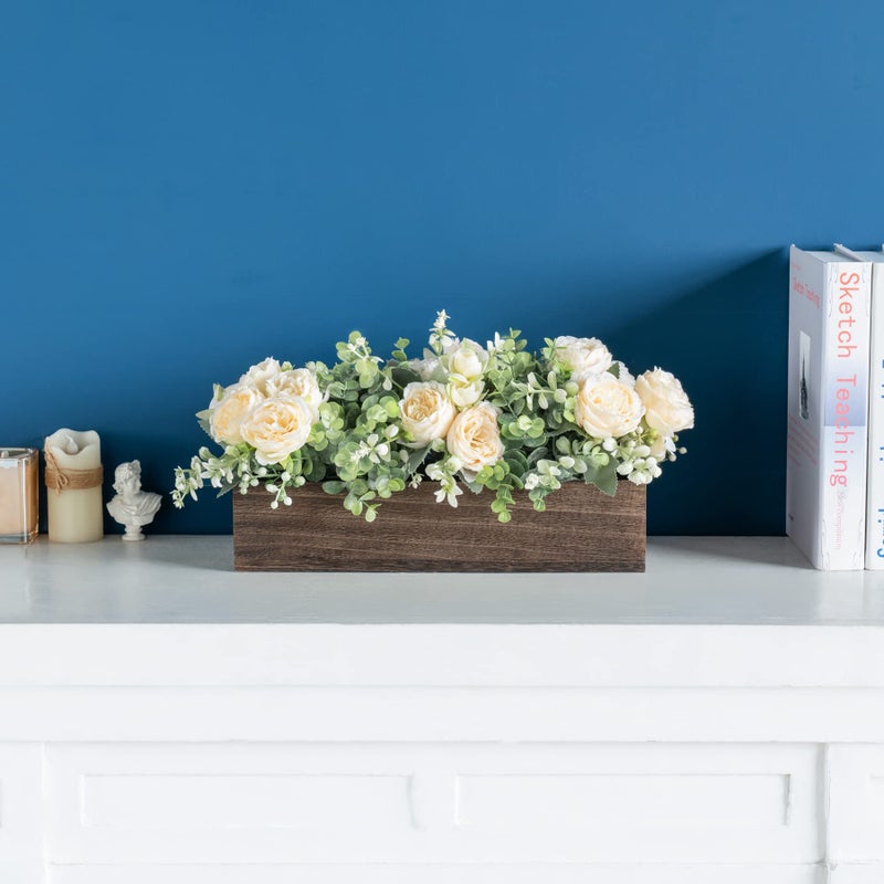 Dahey Centerpiece Table Decorations for Dining Room Farmhouse Table Centerpieces Decor Wood Tray with 3 Artificial Flowers and 2 Eucalyptus for Living Room Kitchen Table, 14.1" x 4.7" x 3.1" - Image 4