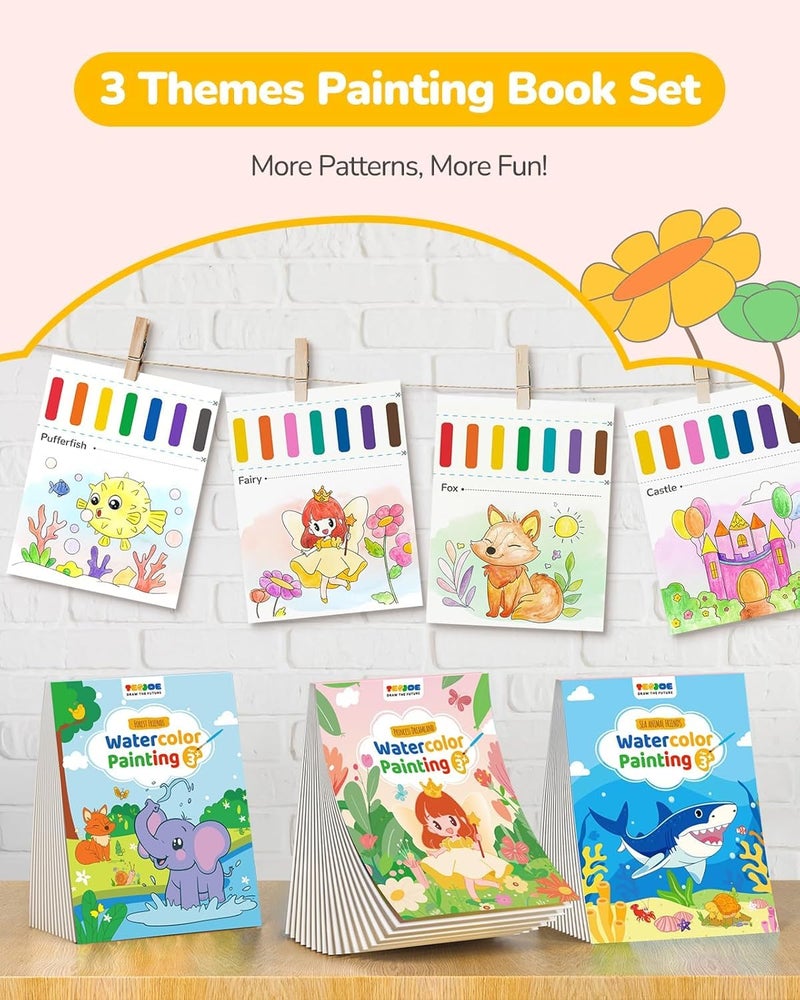 TECJOE 3 Pack Paint with Water Coloring Books for Toddlers, Mess Free Watercolor Painting Set with 6 Brushes, Travel Art Craft Activities Toys Birthday Gifts for Kids Ages 3-8, Forest, Sea & Princess - Image 3