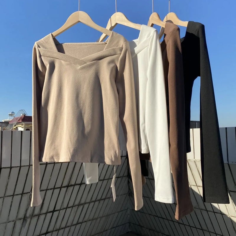 Square Collar Base Shirt Womens New Autumn and Winter Styish White Fleece Scrub Slim-fit Short Top Long-sleeved T-shirt Coffee - Image 5