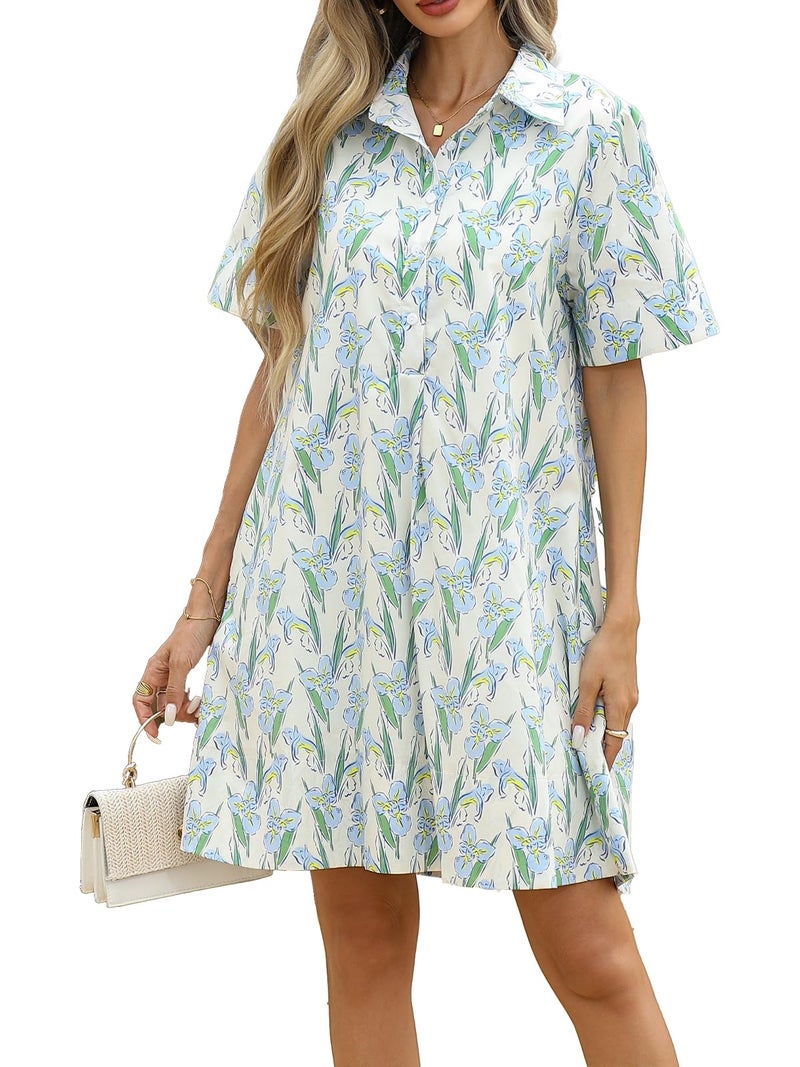LifeShe Summer Floral Dress Women's Printed Casual Sundress Short Sleeve Button Up Shirt Dresses with Pockets Blue - Image 1