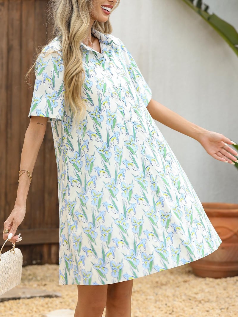 LifeShe Summer Floral Dress Women's Printed Casual Sundress Short Sleeve Button Up Shirt Dresses with Pockets Blue - Image 5
