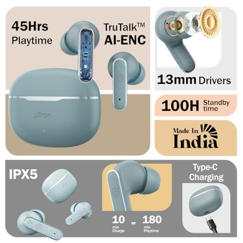 pTron Bassbuds Eon in-Ear TWS Earbuds w/ 13mm Drivers, 45Hrs Playtime, Dual HD Mic & TruTalk AI-ENC Calls, Custom EQ, Mobile App, Bluetooth v6.0 Headphones,Voice Assist., Type C Charging & IPX5 (Grey) - Image 2