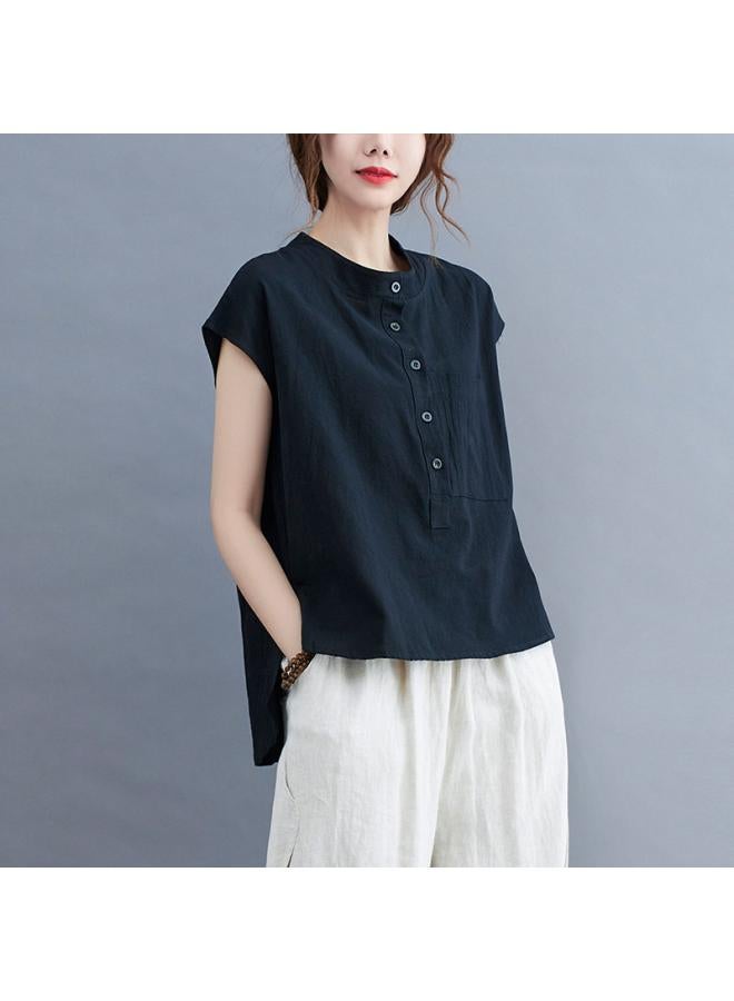VUELO Real Shot Summer New Artistic Loose Solid Color Cotton Linen Round Neck Sleeveless Shirt Women's Shirt Top 3467# - Image 1