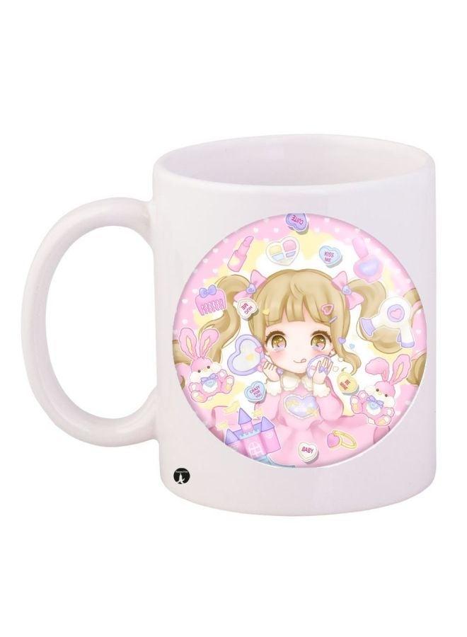 RYN Anime Girl Printed Coffee Mug White/Pink/Purple 11ounce