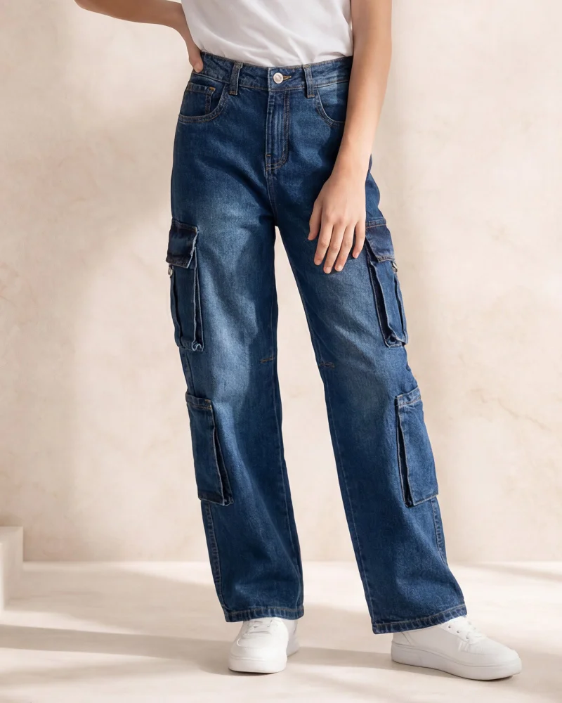 Redtag Senior Girls Navy Cargo Pocket Jeans