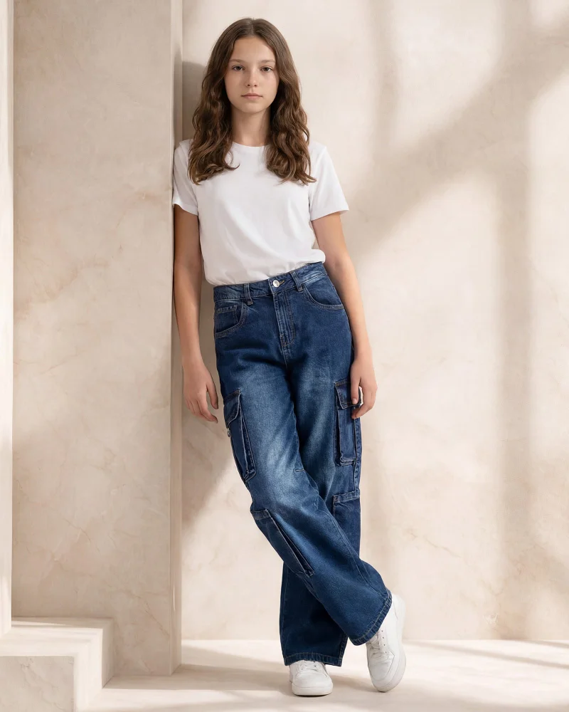 Redtag Senior Girls Navy Cargo Pocket Jeans