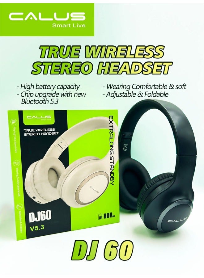 Calus DJ60 Wireless Bluetooth Headphones Noise Cancelling Headsets Over Ear with Built-In Microphone for Clear Calls & Voice Control Black