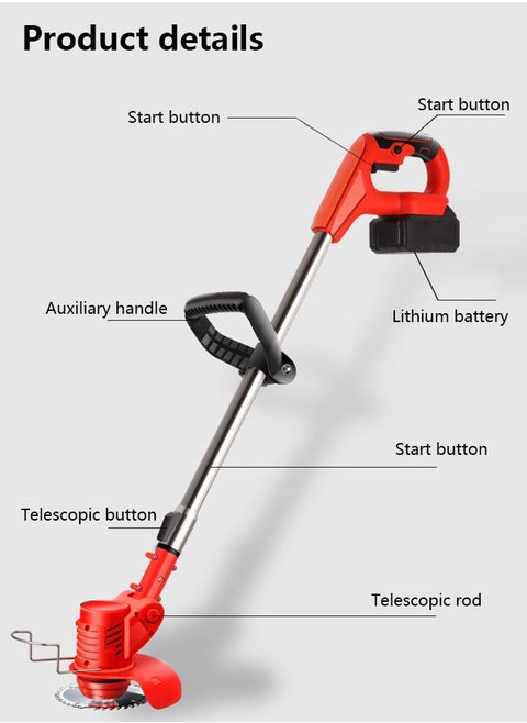 New Electric Household Lawn Mower Wireless Multi Function Lithium Battery Garden Weeder Portable Garden Lawn Mower Red